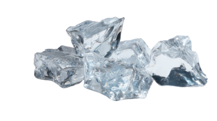 A transparent frozen ice cube with a clear crystal texture is isolated on a white background, resembling a cold natural gemstone or a blue mineral quartz stone
