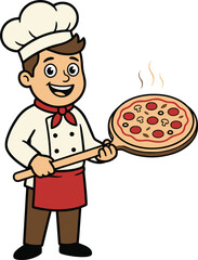 Happy Pizza Chef Cartoon &ndash; Flat Vector Character Holding Pizza 