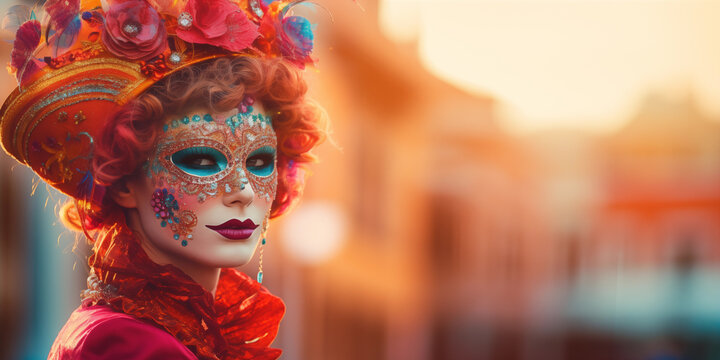Person with Venice carnival mask multicolored with blurred background