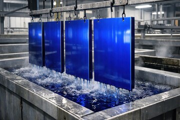 Industrial Dip Coating Of Panels And Profiles In Paint Bath. Automated production line where metal panels and profiles are immersed into liquid paint baths for uniform coating.