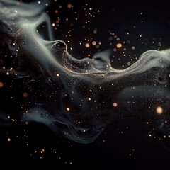Abstract illustration featuring a fluid flow of dark matter framed by shimmering particles. A dark composition with an emphasis on mystery