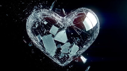 The composition shows a fragile glass crystal heart slowly disintegrating. The shimmering shards around it add to the dynamic nature of the scene
