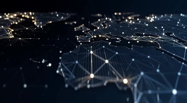 Glowing digital network lines and illuminated nodes overlay a dark stylized map of the Earth signifying worldwide technological interconnectedness and modern global data transmission infrastructure co