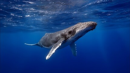 Fototapeta premium A majestic humpback whale glides gracefully through deep blue ocean waters with sunlight filtering from the surface