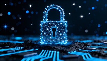 A digital lock consisting of glowing blue lines and dots is located in the center of the frame against a dark abstract background.