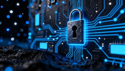 A digital lock consisting of glowing blue lines and dots is located in the center of the frame against a dark abstract background.