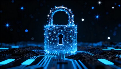 A digital lock consisting of glowing blue lines and dots is located in the center of the frame against a dark abstract background.