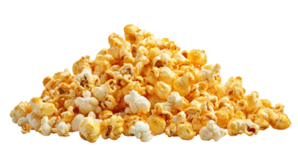 A heap of golden tasty popcorn and a pile of yellow corn snack are isolated on white in a close-up macro view showing healthy nutrition and sweet butter flavor