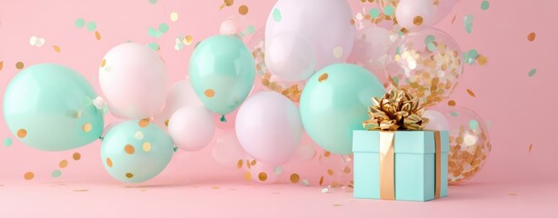 The Gift Box Surrounded by Pastel Balloons and Golden Confetti Party Scene