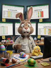 Easter bunny experiencing logistical chaos with egg distribution