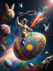 Astronaut cowboy riding easter egg in space fantasy