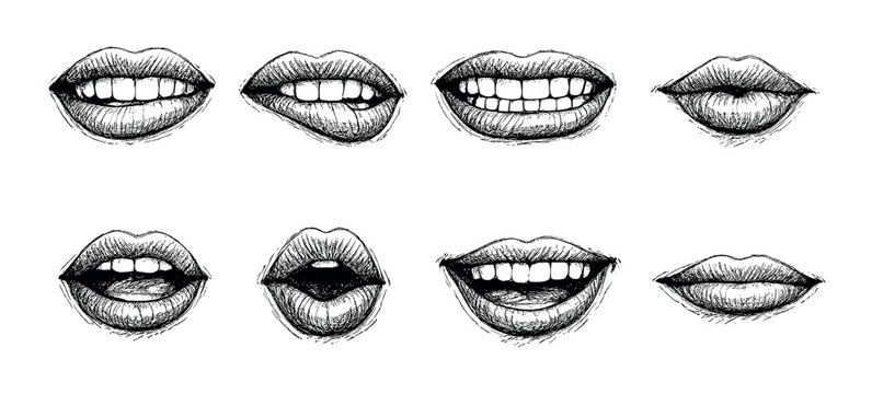 Sketches of different expressions and emotions with lined lips