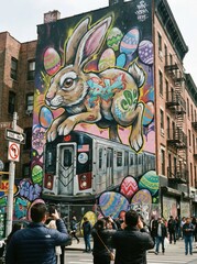 New york city street mural depicting easter bunny on subway train