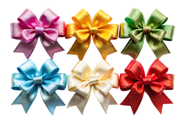 Colorful satin bows in pink blue yellow green white red on black background