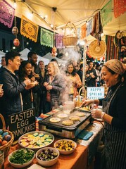 Vendor cooking easter egg pancakes at spring festival