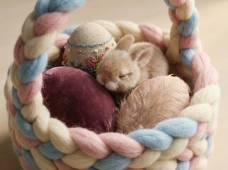 Sleeping baby bunny in easter basket with decorative eggs