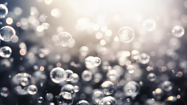 Clear fizzy soap bubbles rising up against a dark background with a beautiful bright bokeh effect