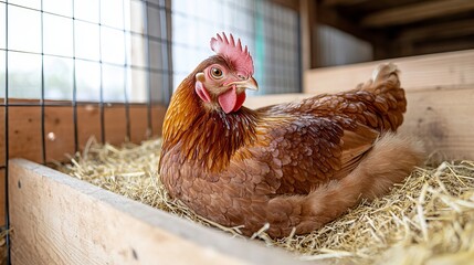Golden hen peacefully resting on soft straw bedding inside a rustic nesting box on a sunny farm
