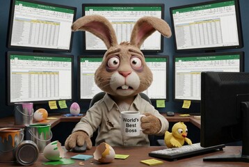 Burned out easter bunny working on office spreadsheets