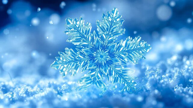 Macro view of a perfect snowflake crystal settling on a snowy surface with sparkling bokeh background