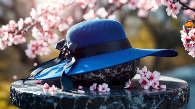 Stylish blue woman hat with a black bow resting on a stone surface surrounded by pink blossoms