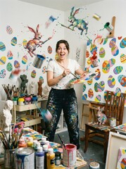 Ecstatic woman painter creating easter egg art in messy studio