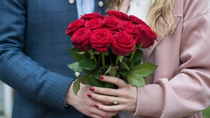 A romantic couple holding a bouquet of red roses together outdoors on a lovely day
