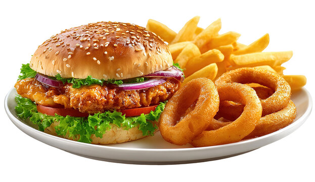 Classic double cheeseburger with fries and onion rings on a diner table