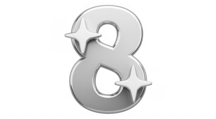 Shiny silver number eight with stars on black isolated on a transparent background