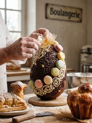 Pastry chef decorating chocolate easter egg with macarons