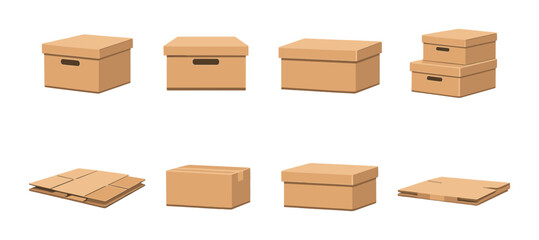 Set of various brown cardboard boxes and packaging designs