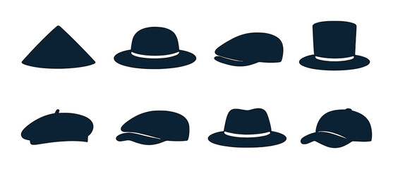 Silhouette collection of various hat styles on dark background
