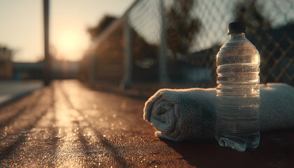 Water bottle and towel rest on tennis court during sunset. Athlete hydration after intense match. Cool drink revives during workout. Warm sun shines.