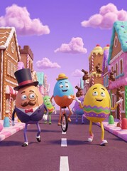 Anthropomorphic easter eggs walking in sweet candy land town