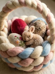 Sleeping bunny toy in pastel wool easter basket