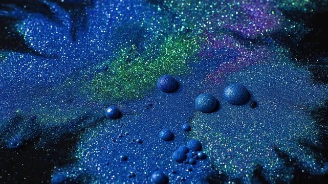 Iridescent Ink Sedimentation Close-up of iridescent ink drying on a surface, revealing a rich, sparkling granular texture forming as the liquid evaporates.