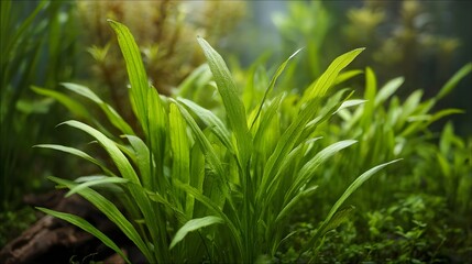 Fototapeta premium A vibrant cluster of lush green aquatic plants thrives in a home aquarium showcasing healthy growth and natural beauty