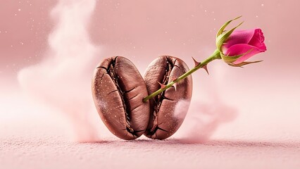 Coffee beans and pink rose create heartwarming romantic gesture