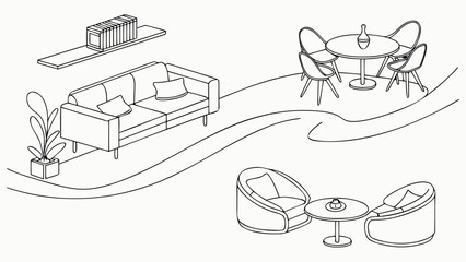 Fototapeta premium Cozy living room and dining area with modern furniture and plants