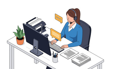 Customer support representative with a headset working at a computer desk with documents and chat bubble icons.