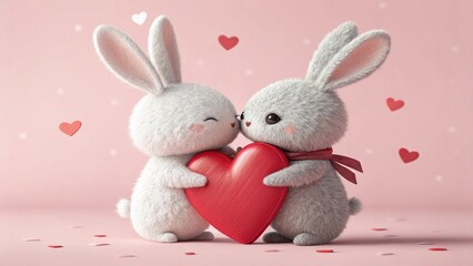 Two adorable white rabbits sharing a red heart on a pink background with hearts and confetti