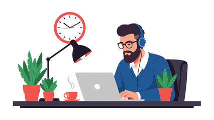 Bearded man with glasses and headphones working on a laptop at his desk with plants, coffee, and a wall clock.