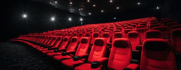 The cinema auditorium with rows of plush red reclining seats and dramatic lighting