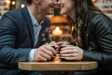 A romantic couple sharing a tender moment over steaming cups of coffee at a cozy cafe
