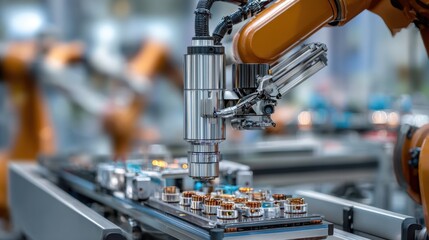 A robotic arm is seen fitting metal components together in a modern factory. The setting is bright and bustling, showcasing advanced manufacturing technology at work.