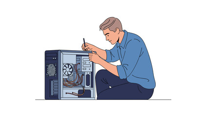 Professional technician repairing the internal components of a desktop computer case with a small precision tool.