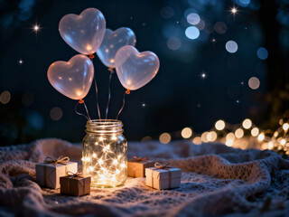 Romantic evening with heart balloons, fairy lights and gifts. Valentine's Day celebration concept