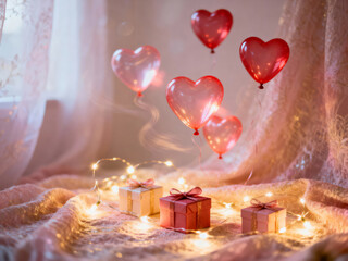 Romantic heart balloons and gifts for a special celebration. Valentine's Day celebration background
