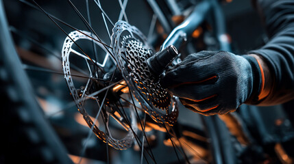 Professional mechanic in gloves repairing the rear cassette of a bicycle wheel.