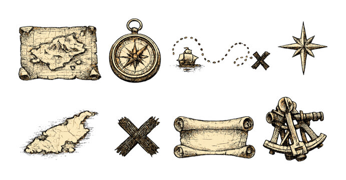 Vintage nautical adventure: map, compass, treasure symbols, ship, and navigation tools